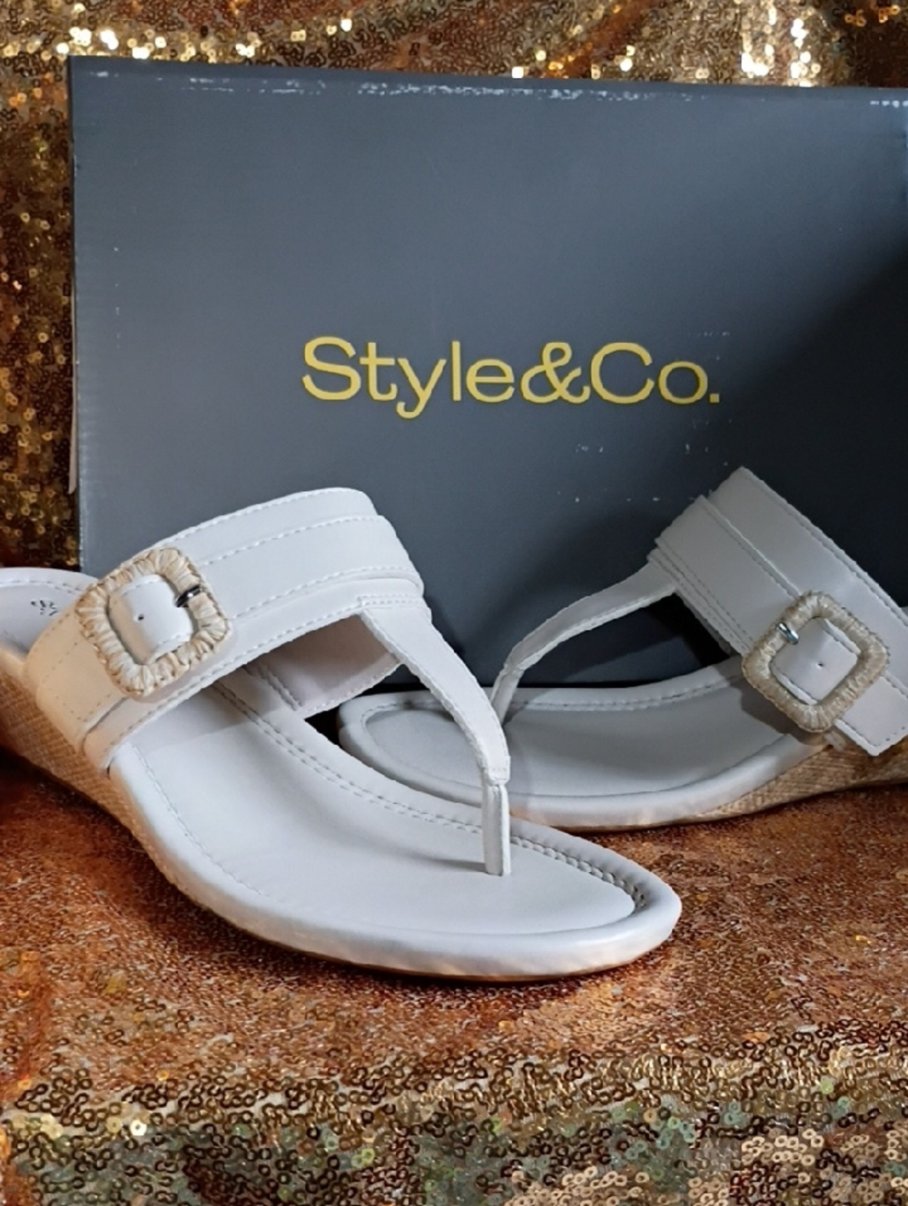 Style & Co. White Thong Sandals with Decorative Buckle